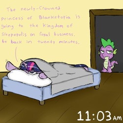 Size: 800x800 | Tagged: safe, artist:ichibangravity, spike, twilight sparkle, alicorn, pony, g4, bed, blanket, cute, female, mare, tired, twilight sparkle (alicorn), twilight sparkle is not amused, unamused