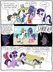 Size: 802x1096 | Tagged: safe, artist:kturtle, cookie crumbles, hondo flanks, rarity, twilight sparkle, g4, beach, bench, clipboard, clothes, comic, descriptive noise, dialogue, glasses, hair bun, hat, magic, meme, nudity, park bench, quill, rarity's parents, ship:cookieflanks, slideshow, straw hat, telekinesis, we don't normally wear clothes