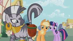Size: 1280x720 | Tagged: safe, screencap, applejack, twilight sparkle, zecora, earth pony, pony, unicorn, zebra, g4, the cutie pox, cute, eyes on the prize, female, looking at butt, mare, out of context, presenting, raised tail
