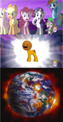 Size: 501x972 | Tagged: safe, applejack, fluttershy, pinkie pie, rainbow dash, rarity, spike, g4, alicorn flash, annoying orange, apocalypse, earth, exploitable meme, hub logo, meme, planet, ponified