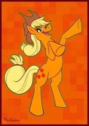 Size: 712x1000 | Tagged: safe, artist:nikipaprika, applejack, g4, abstract background, female, rearing, solo