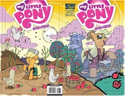 Size: 400x307 | Tagged: safe, artist:tonyfleecs, idw, applejack, chicken, cow, earth pony, pony, g4, apple, apple tree, applejack bunyan, babe the blue ox, cover, female, filly, food, giant pony, johnny appleseed, macro, ox, paul bunyan, tree, younger
