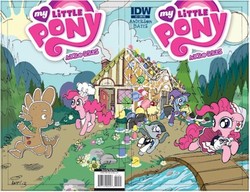 Size: 400x307 | Tagged: safe, artist:tonyfleecs, idw, marble pie, pinkie pie, spike, trixie, g4, cover, fairy tale, gingerbread house, gingerbread man, hansel and gretel, sisters, twins, witch