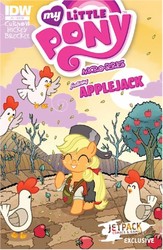 Size: 300x461 | Tagged: safe, artist:tony fleecs, idw, applejack, chicken, earth pony, pony, g4, micro-series #6, my little pony micro-series, apple, comic cover, cover, female, filly, food, johnny appleseed, pot, pothead, tree, younger