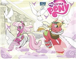 Size: 500x386 | Tagged: safe, idw, big macintosh, cheerilee, bird, earth pony, pony, g4, clothes, comic cover, cover, laurel wreath, male, stallion, toga