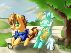 Size: 1024x768 | Tagged: safe, artist:lunchwere, lyra heartstrings, oc, pony, unicorn, g4, bench, lyre, magic, musical instrument, stallion, telekinesis