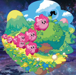 Size: 500x492 | Tagged: safe, artist:tailsdoll1993, pinkie pie, puffball, g4, crossover, hat, kirby, kirby (series), kirby mass attack, kirby pie, moustache, multeity, nintendo, too much pink energy is dangerous