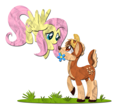 Size: 965x827 | Tagged: safe, artist:ieatedaunicorn, fluttershy, oc, oc:willowtree, deer, pegasus, pony, g4, canon x oc, flower, flying, simple background, transparent background