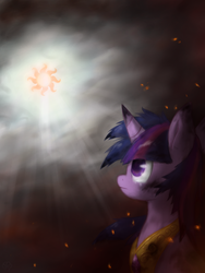 Size: 768x1024 | Tagged: safe, artist:muffinsforever, twilight sparkle, g4, cloud, embers, female, solo, sun