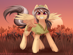 Size: 1600x1200 | Tagged: safe, artist:spittfireart, daring do, pegasus, pony, g4, clothes, cute, female, mare, smiling, solo, spread wings, sunset, wings