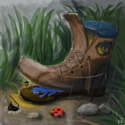 Size: 1000x1000 | Tagged: safe, artist:king-kakapo, princess luna, alicorn, ladybug, pony, g4, campfire, characters inside shoes, female, floppy ears, frown, grass, lantern, micro, prone, rain, shoes, solo, tiny, unamused