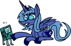 Size: 498x326 | Tagged: safe, artist:ghost, princess luna, alicorn, pony, gamer luna, g4, adventure time, bmo, crossover, female, male, mare, s1 luna, simple background, transparent background