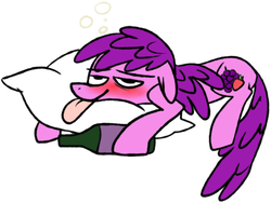 Size: 500x375 | Tagged: safe, artist:ghost, berry punch, berryshine, g4, alcohol, blushing, bottle, drink, drunk, female, palindrome get, pillow, solo, tongue out