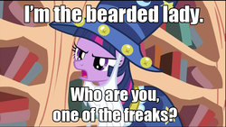 Size: 640x360 | Tagged: safe, edit, edited screencap, screencap, twilight sparkle, pony, unicorn, g4, luna eclipsed, clothes, cosplay, costume, female, golden oaks library, image macro, nightmare night costume, solo, spaceballs the tag, star swirl the bearded costume, twilight the bearded, unicorn twilight