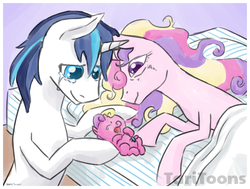 Size: 900x680 | Tagged: safe, artist:taritoons, princess cadance, princess skyla, shining armor, pony, g4, baby, baby pony, bags under eyes, bed mane, crying, foal, heartwarming, hidden wings, liquid pride, newborn, species swap, umbilical cord, wingless