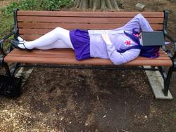 Size: 720x540 | Tagged: safe, artist:mintyblitzz, twilight sparkle, human, g4, bench, book, cosplay, facebooking, female, horn, horned humanization, irl, irl human, photo, reading, solo