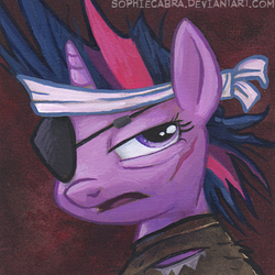 Size: 400x400 | Tagged: safe, artist:kenket, artist:spainfischer, twilight sparkle, pony, unicorn, g4, bust, eyepatch, female, frown, future twilight, glare, lidded eyes, looking back, looking up, mare, scar, solo, traditional art
