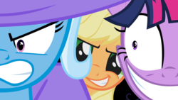 Size: 1920x1080 | Tagged: safe, applejack, trixie, twilight sparkle, g4, angry, grin, insanity, twilight snapple