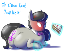 Size: 1280x1056 | Tagged: safe, artist:secretgoombaman12345, octavia melody, earth pony, pony, ask chubby diamond, g4, angry, belly, big belly, blushing, cake, chubby, cross-popping veins, fat, fatavia, feedee, female, implied vinyl scratch, large butt, magic, mare, octavia is not amused, scrunchy face, simple background, solo, transparent background, unamused