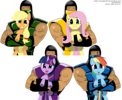 Size: 2422x2000 | Tagged: safe, artist:jonpablo45, applejack, fluttershy, rainbow dash, twilight sparkle, pony, reptile, g4, crossover, happy, holding a pony, mortal kombat, rain (mortal kombat), reptile (mortal kombat), scorpion (mortal kombat), simple background, sub-zero, transparent background