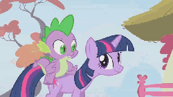 Size: 640x360 | Tagged: safe, screencap, spike, twilight sparkle, dragon, pony, g4, :t, animated, dragons riding ponies, long neck, looking up, neck, riding, smiling, spike riding twilight