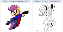 Size: 530x274 | Tagged: safe, rarity, scootaloo, g4, exploitable meme, juxtaposition, juxtaposition win