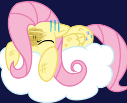 Size: 781x637 | Tagged: safe, artist:pikachu12lover, fluttershy, pegasus, pony, g4, cloud, eyes closed, female, flutterbuse, implied abuse, injured, lying down, lying on a cloud, mare, on a cloud, scared, solo