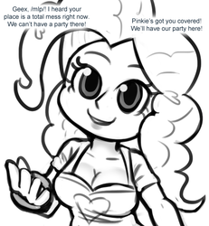 Size: 600x650 | Tagged: safe, artist:livesmutanon, pinkie pie, comic:based anon, equestria girls, g4, /mlp/, breasts, busty pinkie pie, cleavage, female, grayscale, monochrome, solo