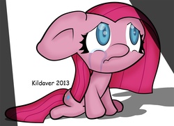Size: 974x706 | Tagged: safe, artist:kildaver, pinkie pie, earth pony, pony, g4, chibi, crying, female, floppy ears, looking up, mare, pinkamena diane pie, sad, scrunchy face, simple background, solo, spotlight, wavy mouth, white background