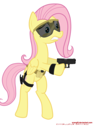 Size: 3000x4000 | Tagged: safe, artist:orang111, fluttershy, pegasus, pony, g4, bipedal, female, frightened, glock, goggles, gun, high res, military, pistol, scared, simple background, solo, tactical school, transparent background, vector