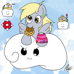 Size: 800x800 | Tagged: artist needed, safe, derpy hooves, lakitu, pegasus, pony, g4, cloud, cloudy, crossover, cute, female, male, mare, mario, muffin, nintendo, spiny egg, super mario bros.