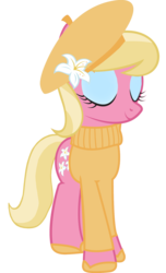 Size: 1000x1641 | Tagged: safe, artist:cool77778, lily, lily valley, earth pony, pony, g4, beret, clothes, eyes closed, female, flower, flower in hair, lily (flower), show accurate, simple background, solo, sweater, transparent background, vector