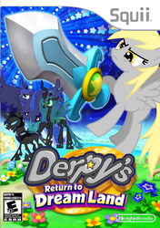Size: 705x1000 | Tagged: safe, artist:nickyv917, derpy hooves, princess luna, queen chrysalis, alicorn, changeling, changeling queen, pegasus, pony, g4, box art, crossover, dreamland, female, kirby (series), kirby derpy, kirby's return to dream land, mare, nintendo, parody, sword, weapon, wii