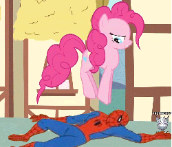 Size: 750x644 | Tagged: safe, artist:sersys, pinkie pie, earth pony, human, pony, g4, 60s spider-man, angry, animated, building, duo, duo male and female, female, frown, gif, glare, gritted teeth, hopping, jumping, male, pronking, spider-man, stomping
