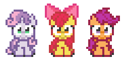 Size: 256x128 | Tagged: safe, artist:ponett, apple bloom, scootaloo, sweetie belle, earth pony, pegasus, pony, unicorn, super lesbian horse rpg, g4, animated, cutie mark crusaders, female, filly, pixel art, simple background, sprite, transparent background