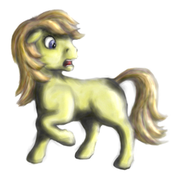 Size: 1035x1027 | Tagged: safe, artist:elfman83ml, noi, earth pony, pony, g1, g4, blank flank, cute, female, filly, foal, frown, g4 to g1, generation leap, noiabetes, open mouth, open smile, raised hoof, raised leg, scared, simple background, smiling, solo, white background