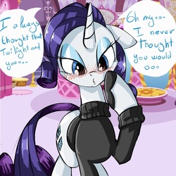 Size: 800x800 | Tagged: safe, artist:ask-mademoiselle-rarity, artist:cladz, rarity, pony, unicorn, ask mademoiselle rarity, g4, ask, blushing, clothes, female, implied shipping, solo, sweater, tumblr