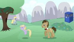 Size: 4997x2811 | Tagged: safe, artist:cyberpwn3, derpy hooves, dinky hooves, doctor whooves, time turner, pegasus, pony, g4, bowtie, female, field, happy, mare, phone booth, playing, sweat, tardis, tree, vector