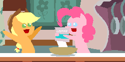 Size: 600x300 | Tagged: source needed, useless source url, safe, edit, applejack, pinkie pie, earth pony, pony, g4, animated, baking, bowl, cocaine, cooking, drugs, duo, female, happy, hat, open mouth, pointy ponies, this will end in tears and/or breakfast