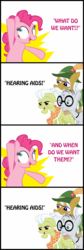 Size: 800x2370 | Tagged: safe, apple strudel, granny smith, mr. waddle, pinkie pie, earth pony, pony, g4, apple family member, clerical collar, comic, elderly, female, glasses, hat, hyperbole and a half, joke, liver spots, male, mare, silly, simple background, stallion, white background