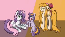 Size: 1280x720 | Tagged: safe, artist:scramjet747, sweetie belle, oc, oc:energy, oc:harmony, oc:unity, pony, robot, robot pony, unicorn, g4, bipedal, cute, cutie mark, female, filly, floppy ears, foal, future sweetie bot, hooves, horn, lying down, magical lesbian spawn, mare, offspring, older, open mouth, parent:oc:energy, parent:sweetie belle, parent:sweetie bot, parents:canon x oc, scientific lesbian spawn, solo, standing, sweetie bot, teeth