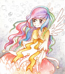Size: 2166x2455 | Tagged: safe, artist:silkencat, princess celestia, human, g4, colored pencil drawing, female, humanized, solo, traditional art, watercolor painting