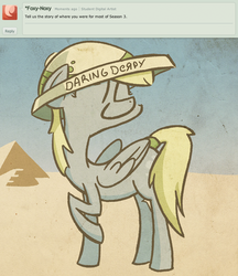 Size: 800x927 | Tagged: safe, artist:foxy-noxy, derpy hooves, g4, desert, egypt, female, hat, pith helmet, pyramid, sand, smiling, solo, text