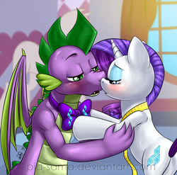 Size: 1000x987 | Tagged: safe, artist:pia-sama, rarity, spike, dragon, pony, unicorn, g4, blushing, bowtie, butt, dragon on pony action, duo, female, imminent kissing, interspecies, kissing, male, mare, older, older spike, plot, ribbon, ship:sparity, shipping, winged spike, wings