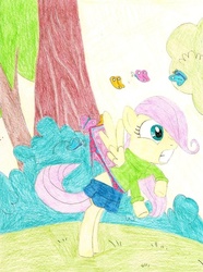 Size: 772x1035 | Tagged: safe, artist:wjmmovieman, fluttershy, butterfly, pegasus, pony, g4, abuse, assisted exposure, clothes, female, filly, flashback, flutterbuse, humiliation, panties, panty pull, pink underwear, polka dot underwear, skirt, solo, traditional art, underwear, wedgie, young, younger