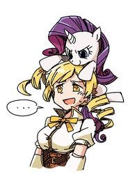 Size: 586x785 | Tagged: safe, artist:hobbang, rarity, human, pony, unicorn, g4, ..., colored pupils, crossover, drill hair, duo, female, mami tomoe, mare, pixiv, ponies riding humans, pony hat, puella magi madoka magica, riding, simple background, white background