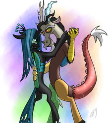 Size: 1405x1600 | Tagged: safe, artist:sharpy, discord, queen chrysalis, changeling, changeling queen, draconequus, g4, dancing, female, male, ship:discolis, shipping, straight