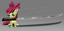 Size: 4129x2000 | Tagged: dead source, safe, artist:hereticofdune, apple bloom, earth pony, pony, g4, female, filly, foal, katana, mouth hold, solo, sword, weapon