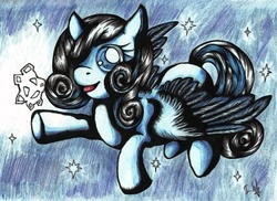 Size: 1016x738 | Tagged: dead source, safe, artist:iscawhitewolf, oc, oc only, oc:snowdrop, flying, solo, traditional art