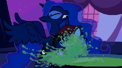 Size: 854x480 | Tagged: safe, screencap, pipsqueak, princess luna, earth pony, pony, g4, luna eclipsed, season 2, animated, clothes, colt, costume, duo, male, mouth hold, nightmare night costume, pirate costume